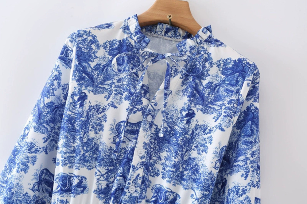 ZARA Blue Printed Loose Long Sleeve Shirt Dress